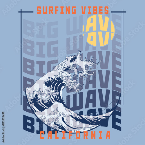 Vector graphic t-shirt design, poster, print on the theme of surfing. photo