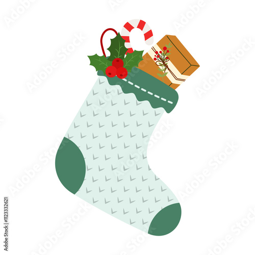 Background with a Christmas sock filled with gifts for banners, cards, flyers, social media wallpapers Christmas stockings