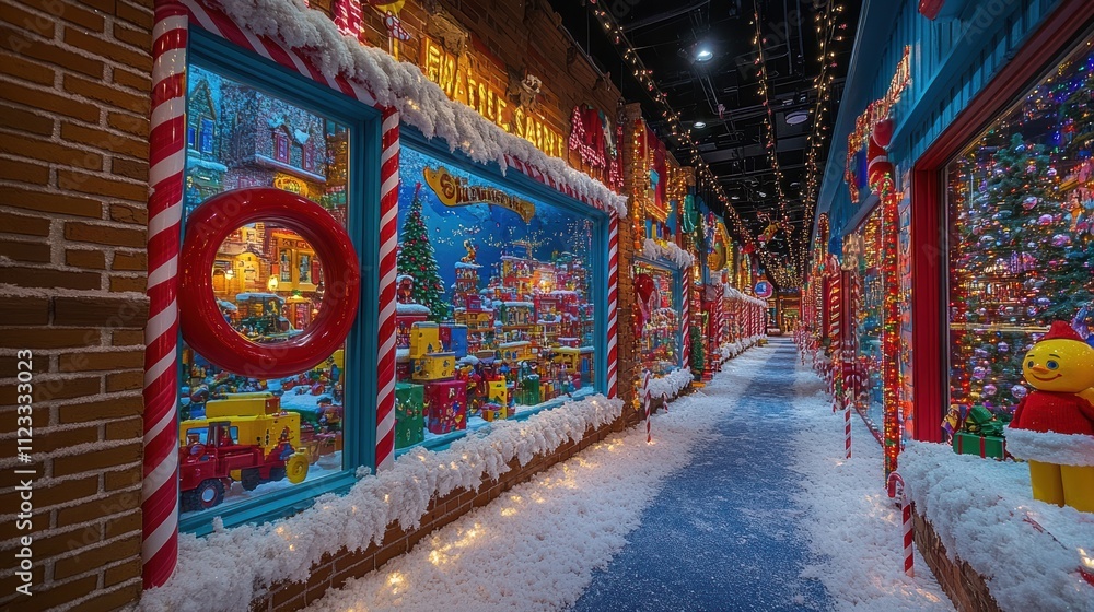 Fototapeta premium Toyland holiday storefront with oversized toy decorations and lights