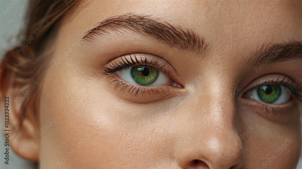Obraz premium A close-up image showcasing the beautiful green eyes of a woman with natural makeup. Ideal for beauty, skincare, or eye care concepts, this high-quality photo emphasizes elegance and allure.