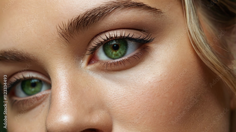 Fototapeta premium A close-up image showcasing the beautiful green eyes of a woman with natural makeup. Ideal for beauty, skincare, or eye care concepts, this high-quality photo emphasizes elegance and allure.