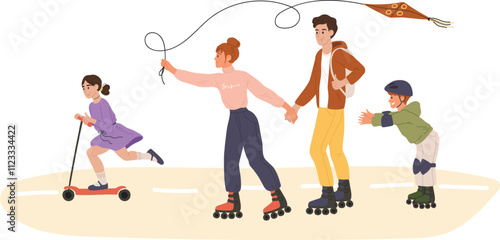 Family spending quality time together outdoors, with parents roller skating while holding hands, their daughter riding a scooter, and their son roller skating and trying to catch a kite
