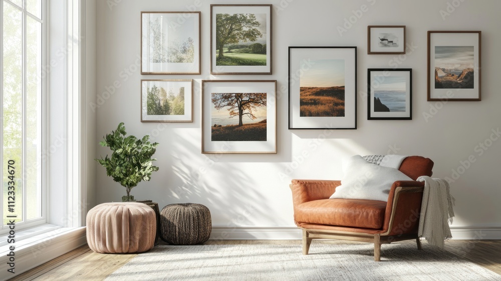 Fototapeta premium Cozy Living Room with Nature-Inspired Artwork
