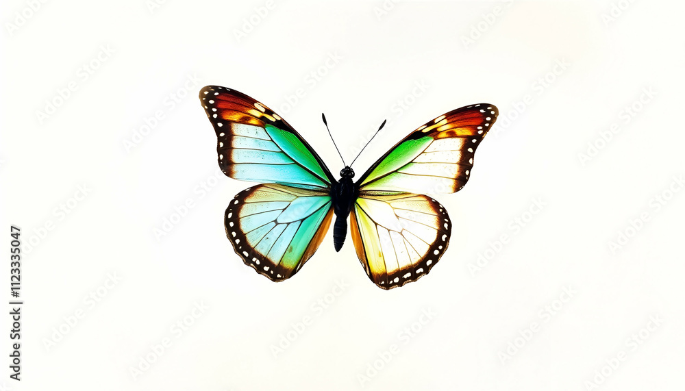 Obraz premium beautiful butterfly Beautiful blue butterfly in full body close-up portrait, flying with grace isolated on white and green background,