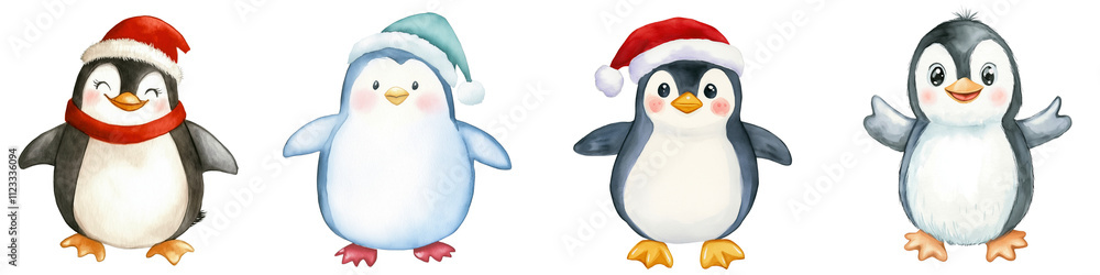Fototapeta premium Collection , penguin in a hat, watercolor illustration set, cartoon style, transparent background, png
