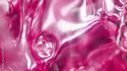 Pink serum with liquid bubbles in a 3D abstract background. Hydrating essence gel with collagen molecules. Moisturizing cream or oil for skincare and beauty.