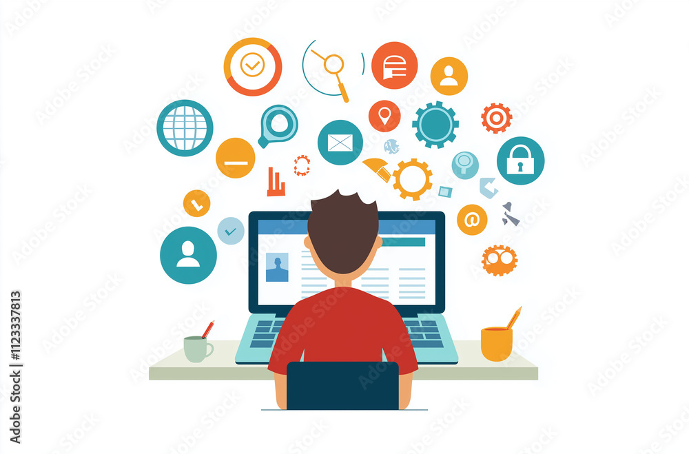 illustration of person working on laptop illustration of person working on laptop