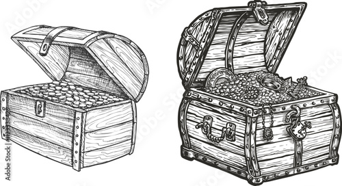 Wooden Treasure Chest: Wealth Vintage Sketch Vector Illustration