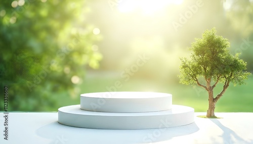 A serene outdoor scene featuring a white minimalist platform with a small potted tree in focus. The background is softly blurred, showcasing lush greenery and a calm water body, evoking a peaceful and