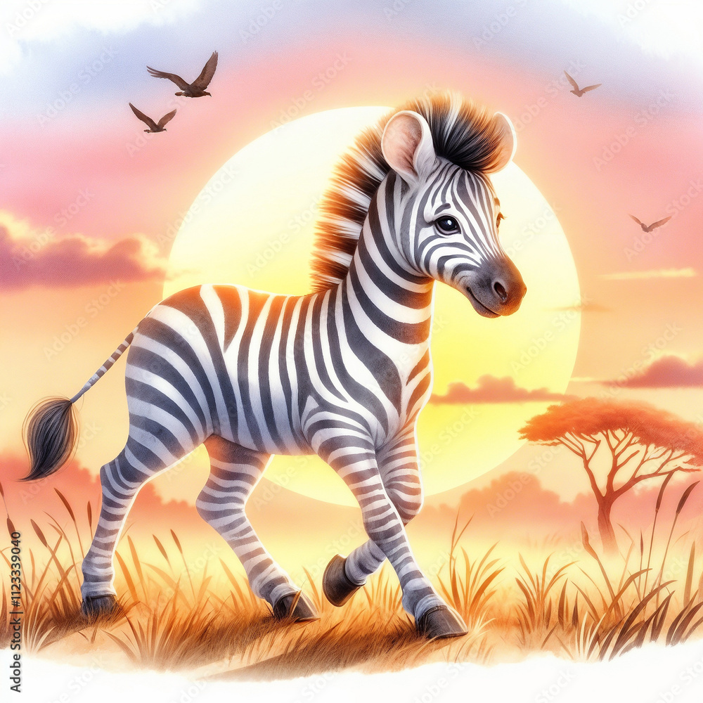 Fototapeta premium Vibrant sunset landscape with a zebra walking through tall grass under a glowing sun