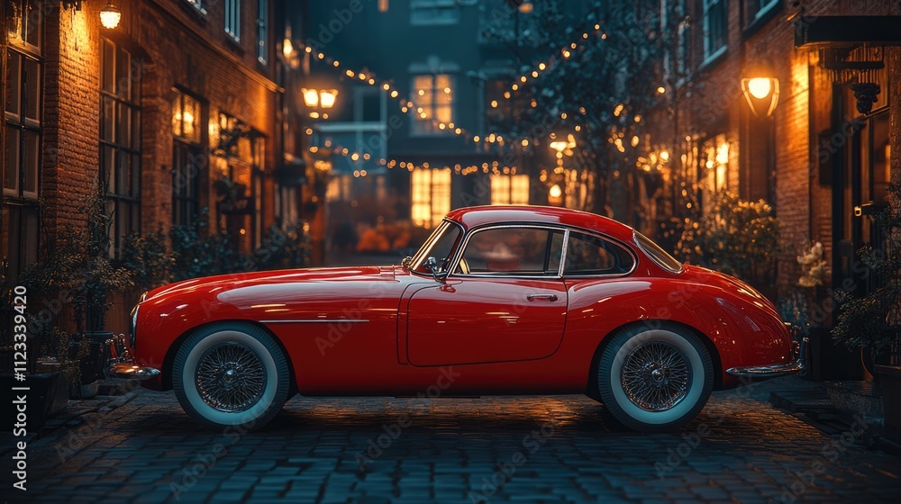 Fototapeta premium Classic red car parked in a charming, illuminated street at night.