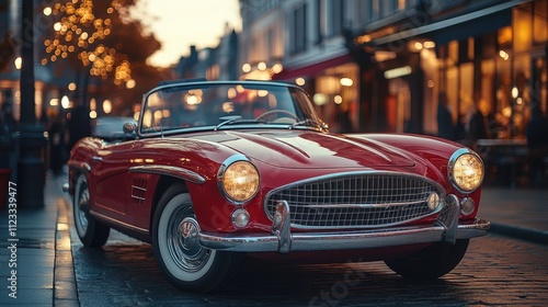 Classic red convertible parked on a charming street with warm evening lights.