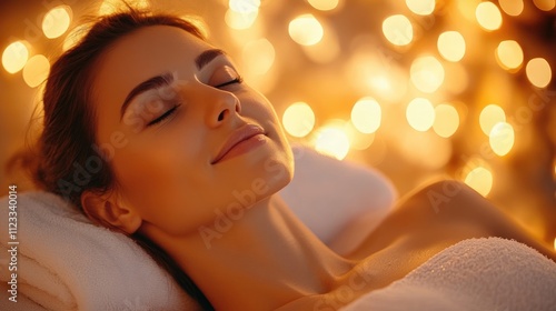 Serene woman relaxing with closed eyes, surrounded by warm, glowing lights.