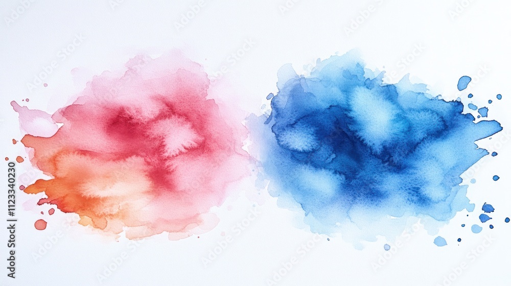 Fototapeta premium Abstract watercolor splashes in pink and blue hues.