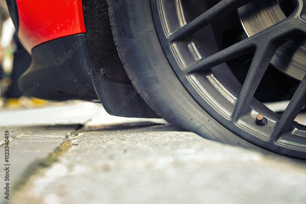 Car tire touching the curb in parking lot closeup. Automobile wheel parked nearcurb with the tire brushing against it, parking precision and the hazards of rim or sidewall damage. Selective focus