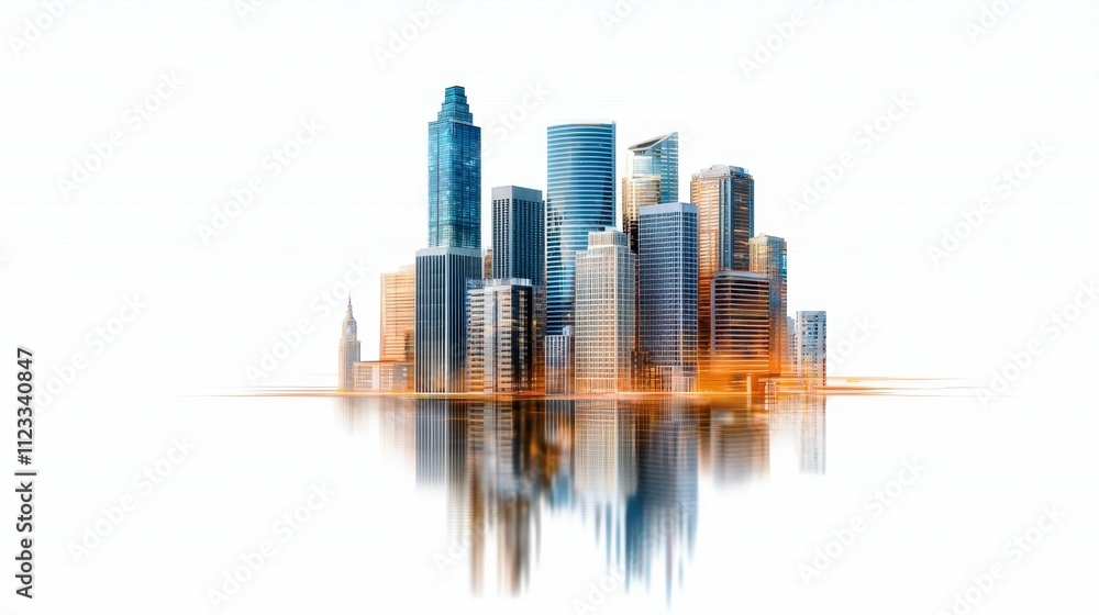 Obraz premium Modern City Skyline Reflection with Skyscrapers Under Bright Clear Sky