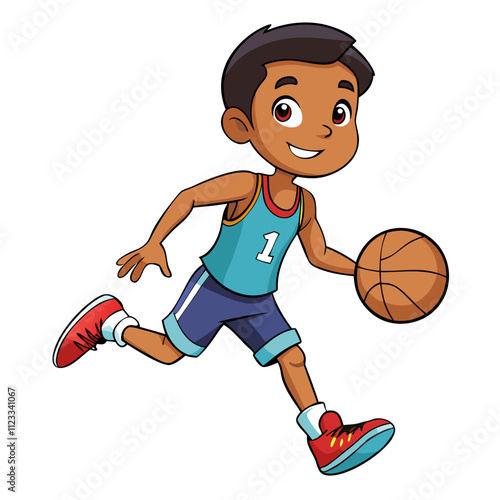 Boy dribbling basketball in a uniform against a plain white background during an energetic play session
