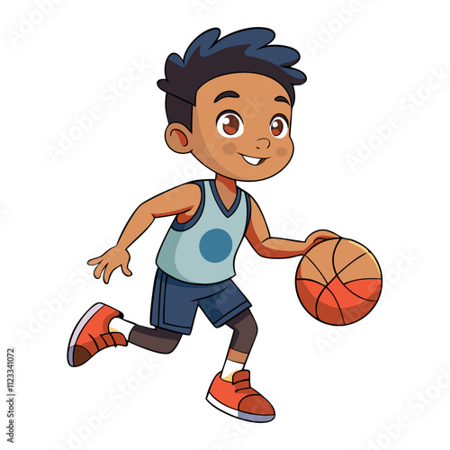 Boy dribbling basketball while wearing athletic uniform on a plain white background