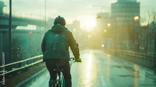 Cyclist Riding on Wet Street at Sunrise