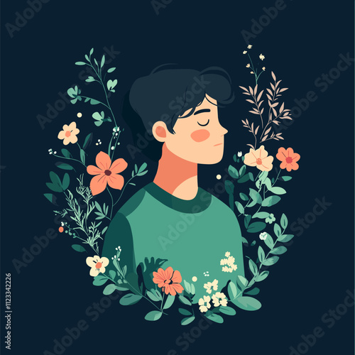 Tranquil Youth Amidst Blooming Flowers. A Serene Portrait Vector