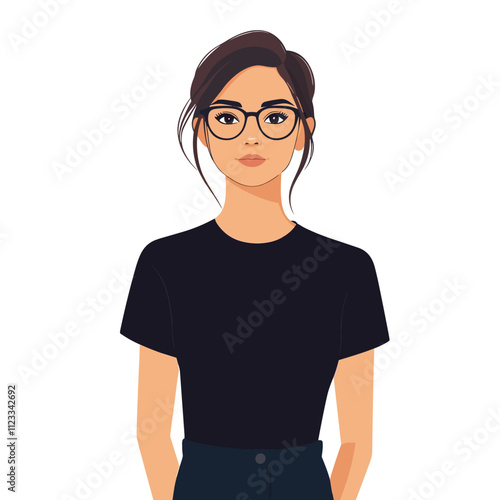 Portrait of a Young Woman with Glasses in a Black T-Shirt
