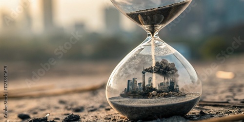 Hourglass Filled with Ash and Smoke Trapping a Miniature Polluted City Inside photo