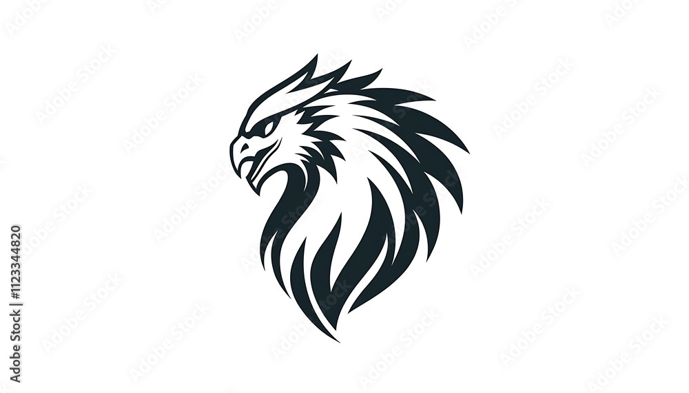 Obraz premium Clean and modern griffin head vector logo with black and white line art. White backdrop, simple shapes, high-resolution.