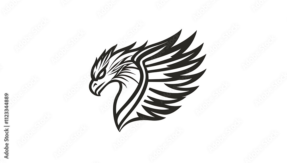 Obraz premium Clean and modern griffin head vector logo with black and white line art. White backdrop, simple shapes, high-resolution.