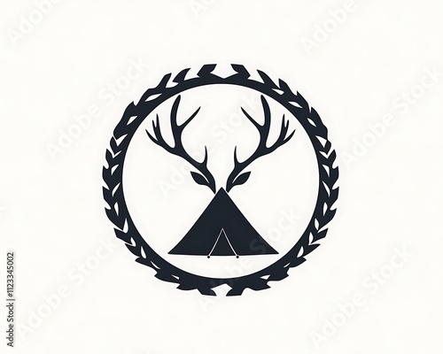 Clean and modern logo design featuring deer antlers and tent, minimalistic vector style, high contrast monochrome in a circular frame on white background. photo