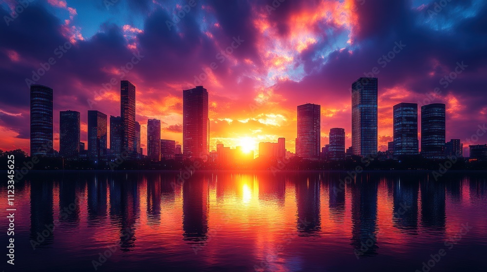 Fototapeta premium Sunset over a city skyline reflected in water.