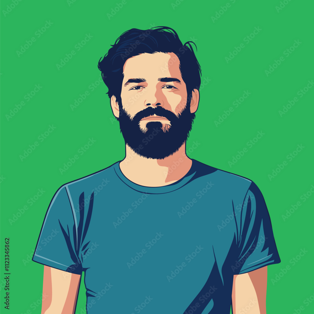 Fototapeta premium Illustrative Portrait of a Bearded Man on a Vibrant Green Background