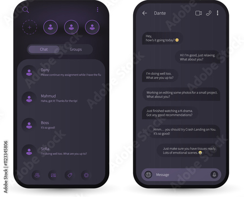 Minimalistic Chat Interface Design in Dark Purple Theme for Mobile Applications