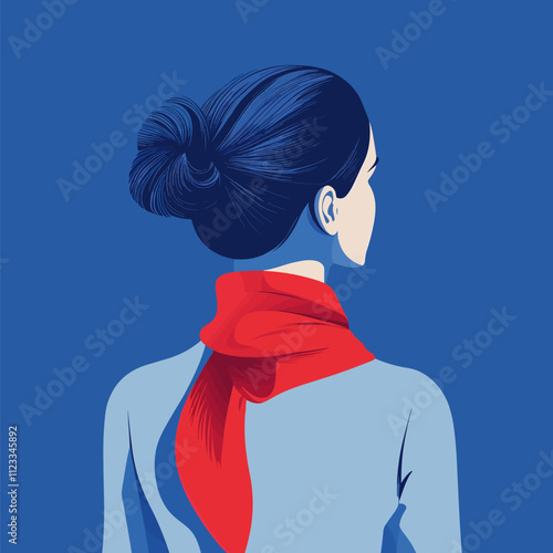 Elegant Woman with Red Scarf, Back View Illustration