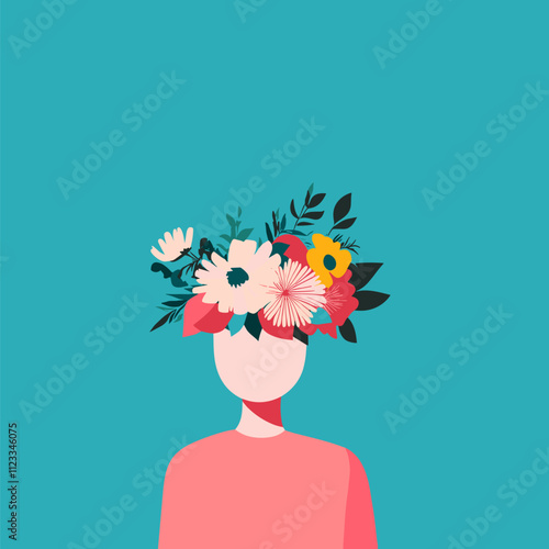 Floral Illustration of a Headless Figure on a Blue Background