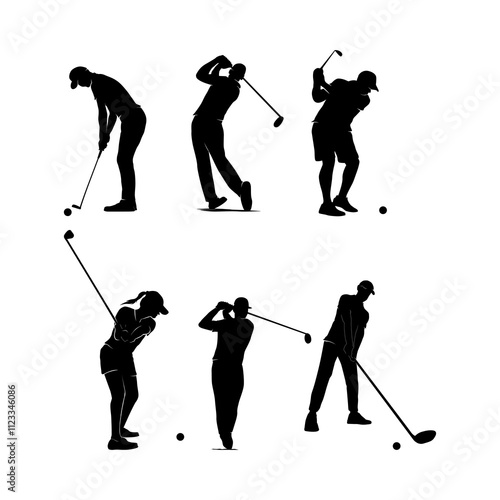Silhouette Illustrations of Golfers in Various Swing Poses on White Background
