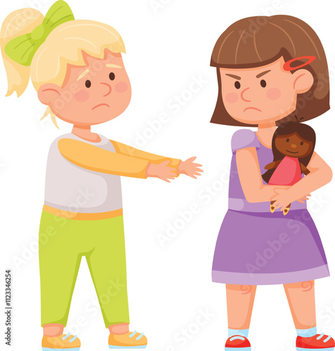 Selfish little girl is refusing to share her doll with her sad friend, showcasing a typical childhood conflict related to sharing and possession