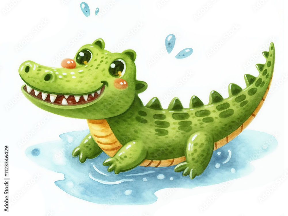 Fototapeta premium Cute cartoon crocodile standing happily with a cheerful expression and playful demeanor in a bright setting