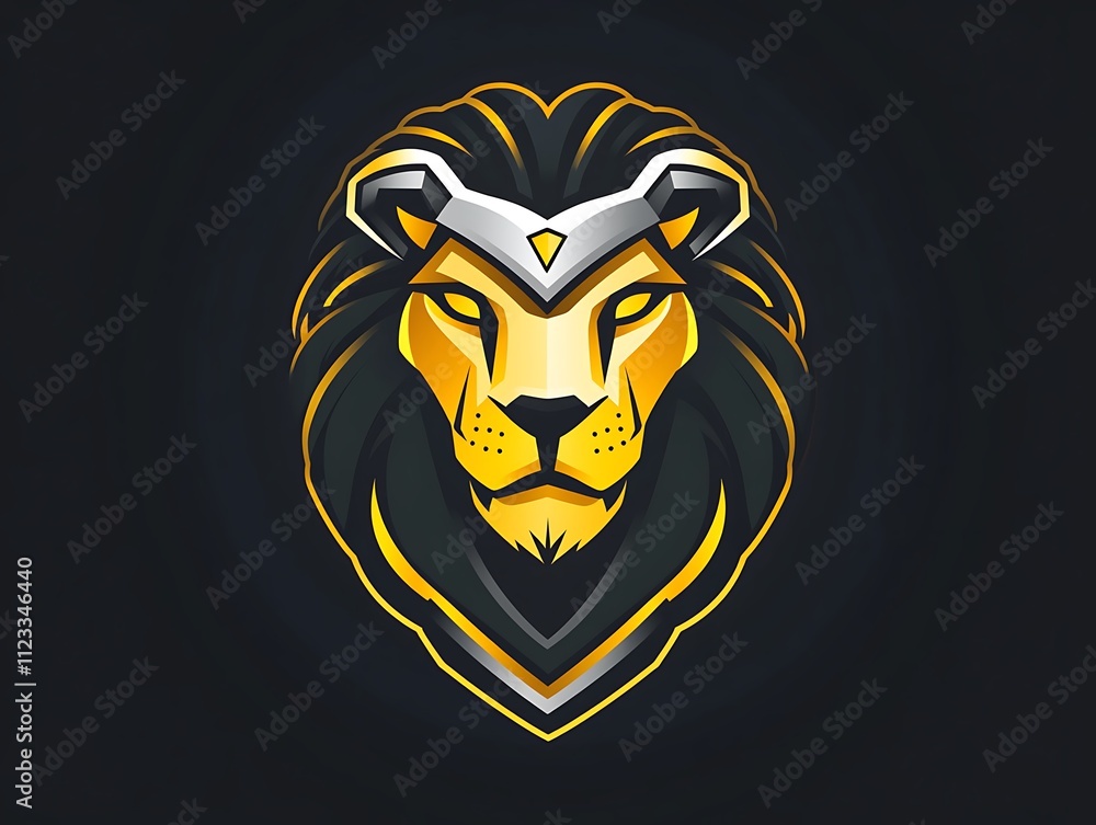 Obraz premium Clean and simple lion head logo with armor, gold and black gradient, flat vector style on dark backdrop. Front view, high resolution.