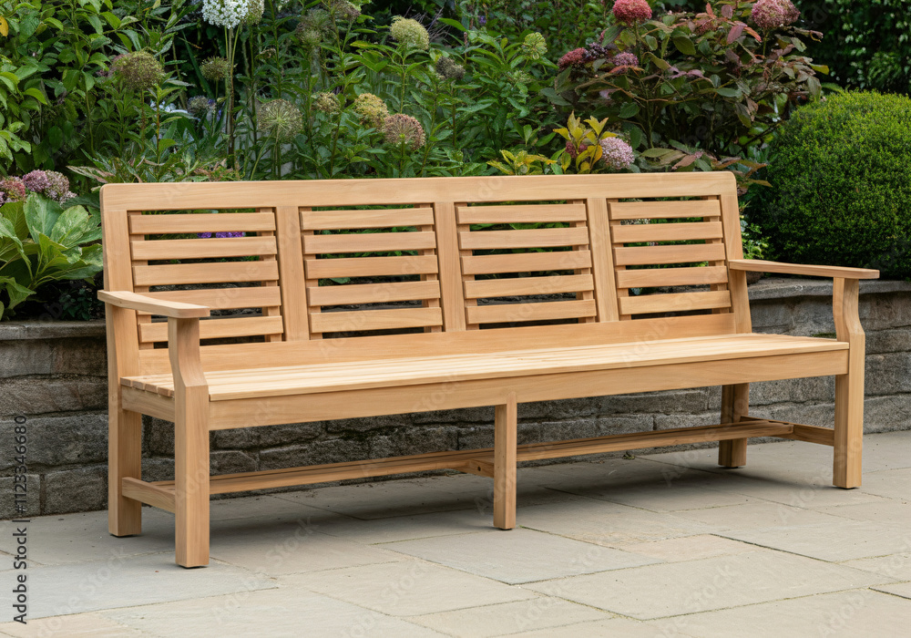Obraz premium Wooden garden bench with slatted design on a stone patio surrounded by greenery and flowers.