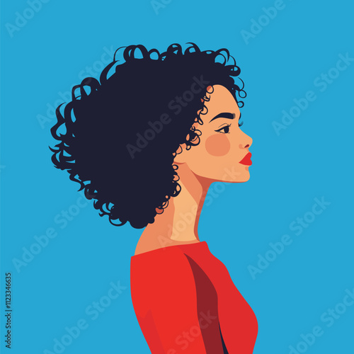 Profile of a Woman with Curly Hair and Red Dress Against a Blue Background