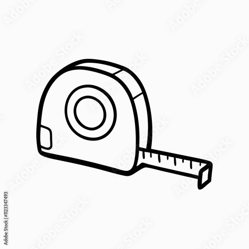 Line art illustration of a tape measure representing essential tools for measurement and construction, isolated, copy space