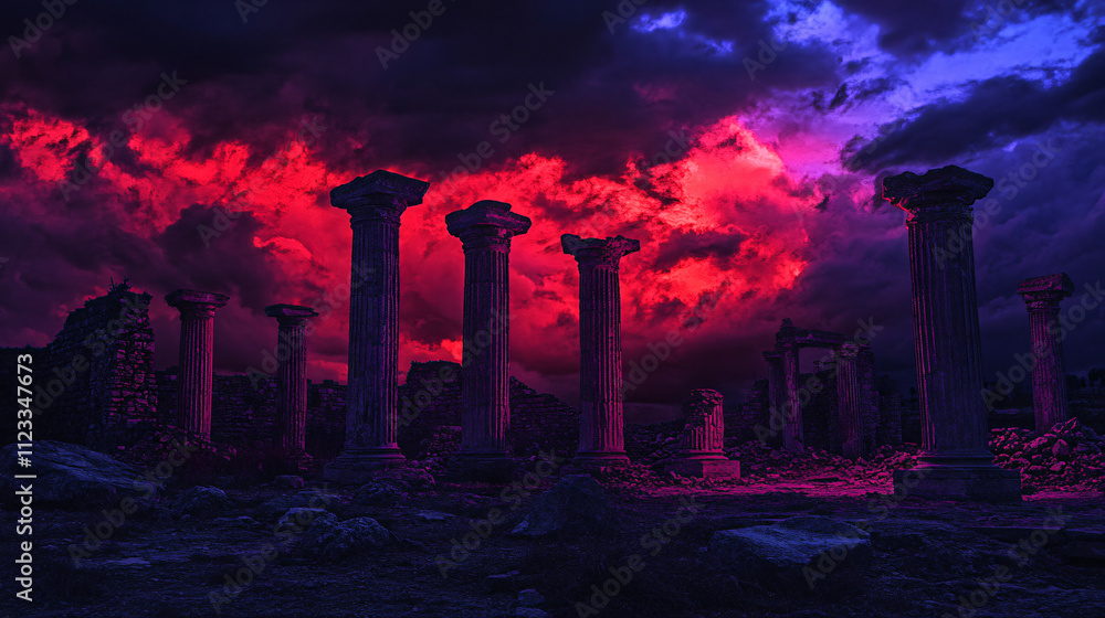 Fototapeta premium A desolate monastery ruin with tall stone columns illuminated by red and violet flames that dance against the dark sky.A desolate monastery ruin with tall stone columns illuminated by red and violet f