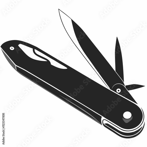 Black multi-tool knife graphic illustration symbolizing versatility and outdoor utility, isolated, copy space