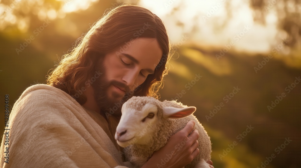 Fototapeta premium Serene depiction of jesus christ embracing a lamb in a peaceful pastoral setting