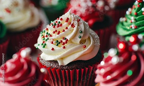 Festive Red Velvet Cupcake with White Frosting and Sprinkles photo