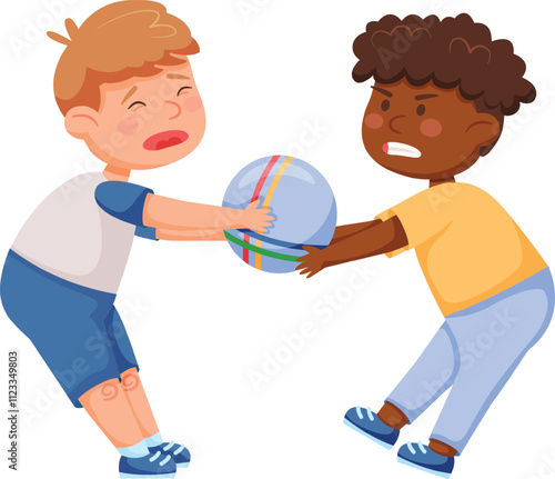 Two boys fighting over a ball, one crying while the other expresses anger, illustrating childhood conflicts related to bullying and racism in a school playground setting