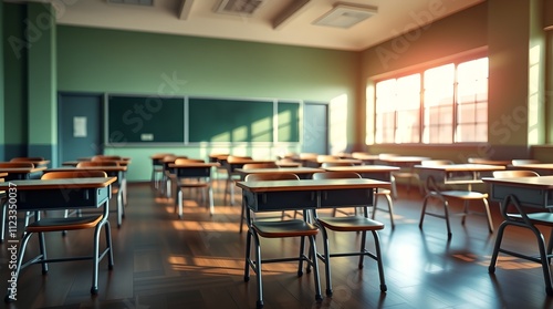 Wallpaper Mural Serene classroom bathed in warm sunlight glow, created using AI Generative Technology.
 Torontodigital.ca