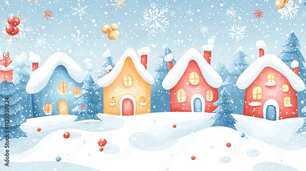 Fototapeta premium Seamless pattern Winter City Scene,Christmas Greeting Card,New Year Background,Vector illustration Cute Fairy Houses with Snowy.Pattern Christmas winter landscape Design Poster, 8k image