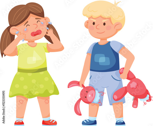 Little girl crying and rubbing her eyes with her hands because a naughty boy is holding her broken toy rabbit, children bad behavior and bullying at school or kindergarten