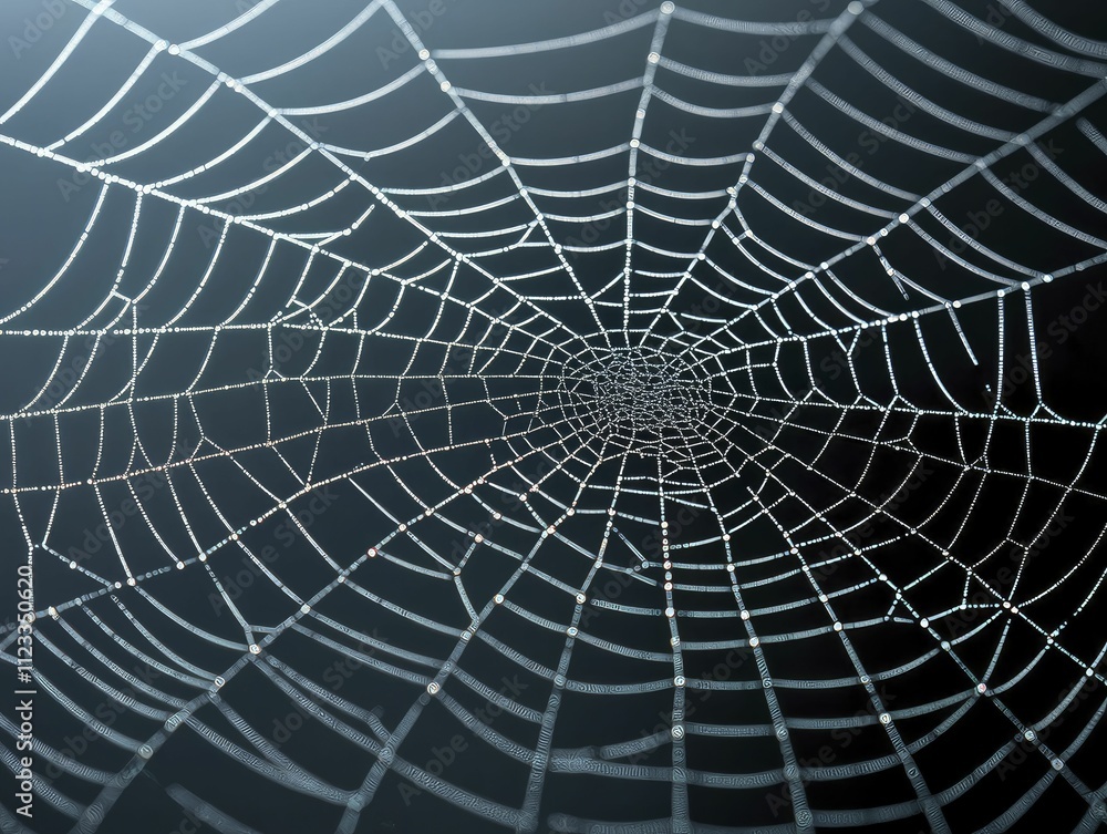 Obraz premium Microscopic guardians in a web of shimmering silk, dark navy background, unseen ecosystem balance concept.
